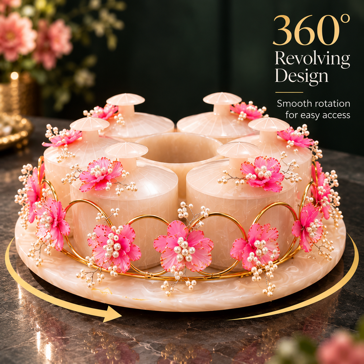 Resin Revolving 6 Jar Platter with Airtight Jars & Handcrafted Decoration | 360° Rotating Multipurpose Organizer