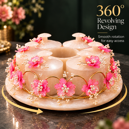 Resin Revolving 6 Jar Platter with Airtight Jars & Handcrafted Decoration | 360° Rotating Multipurpose Organizer