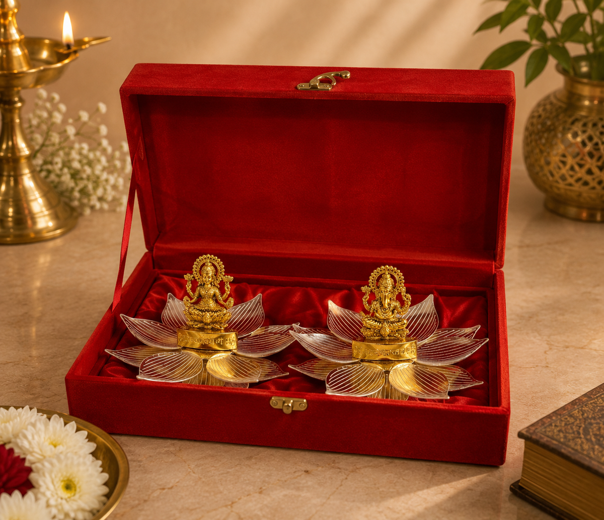 Lakshmi & Ganesha German Silver Lotus Decorative Gift Set with Velvet Box