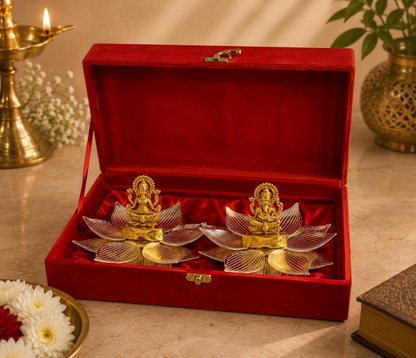 Lakshmi & Ganesha German Silver Lotus Decorative Gift Set with Velvet Box