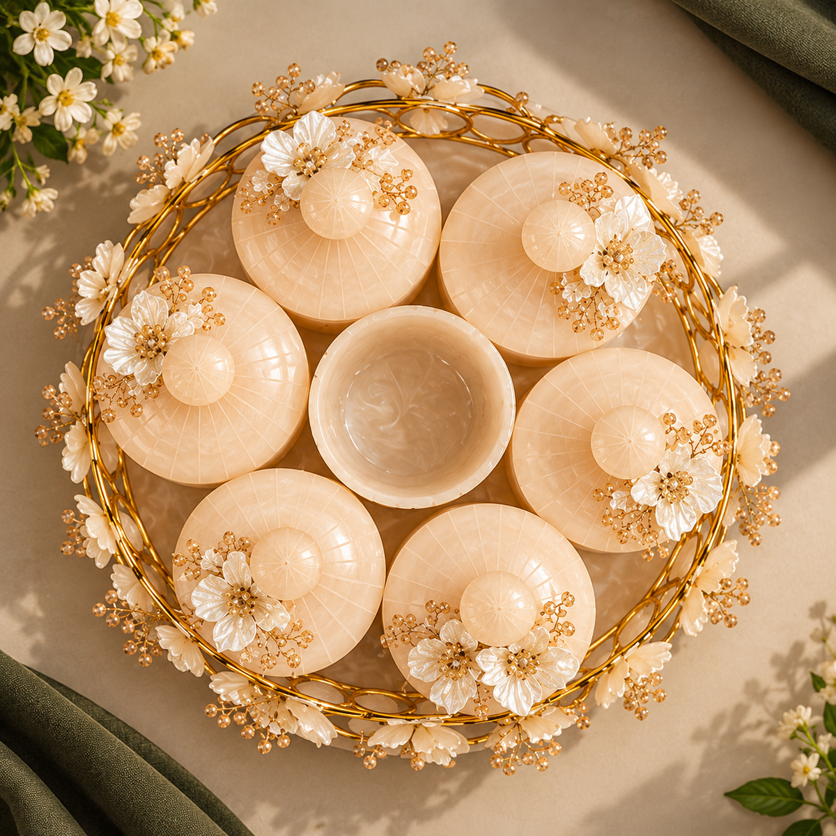 Resin Revolving 6 Jar Platter with Airtight Jars & Handcrafted Decoration | 360° Rotating Multipurpose Organizer