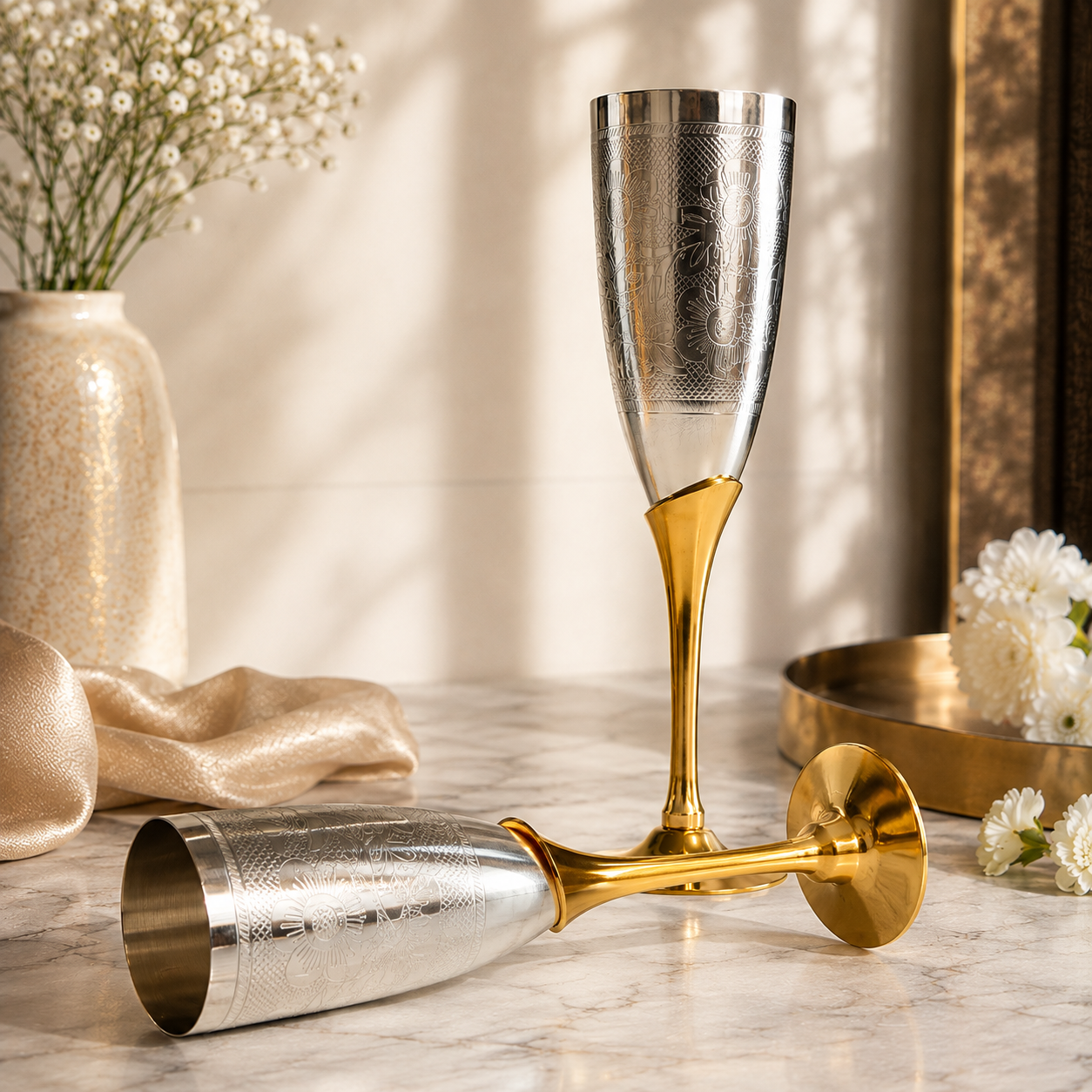 SAJJA KREATION German Silver Champagne Glass Set of 2 | Floral Engraved Silver Finish with Golden Stem | Premium Decorative Stemware for Home, Gifting & Celebrations