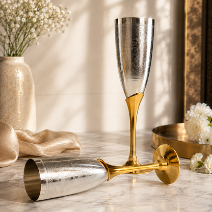 SAJJA KREATION German Silver Champagne Glass Set of 2 | Floral Engraved Silver Finish with Golden Stem | Premium Decorative Stemware for Home, Gifting & Celebrations