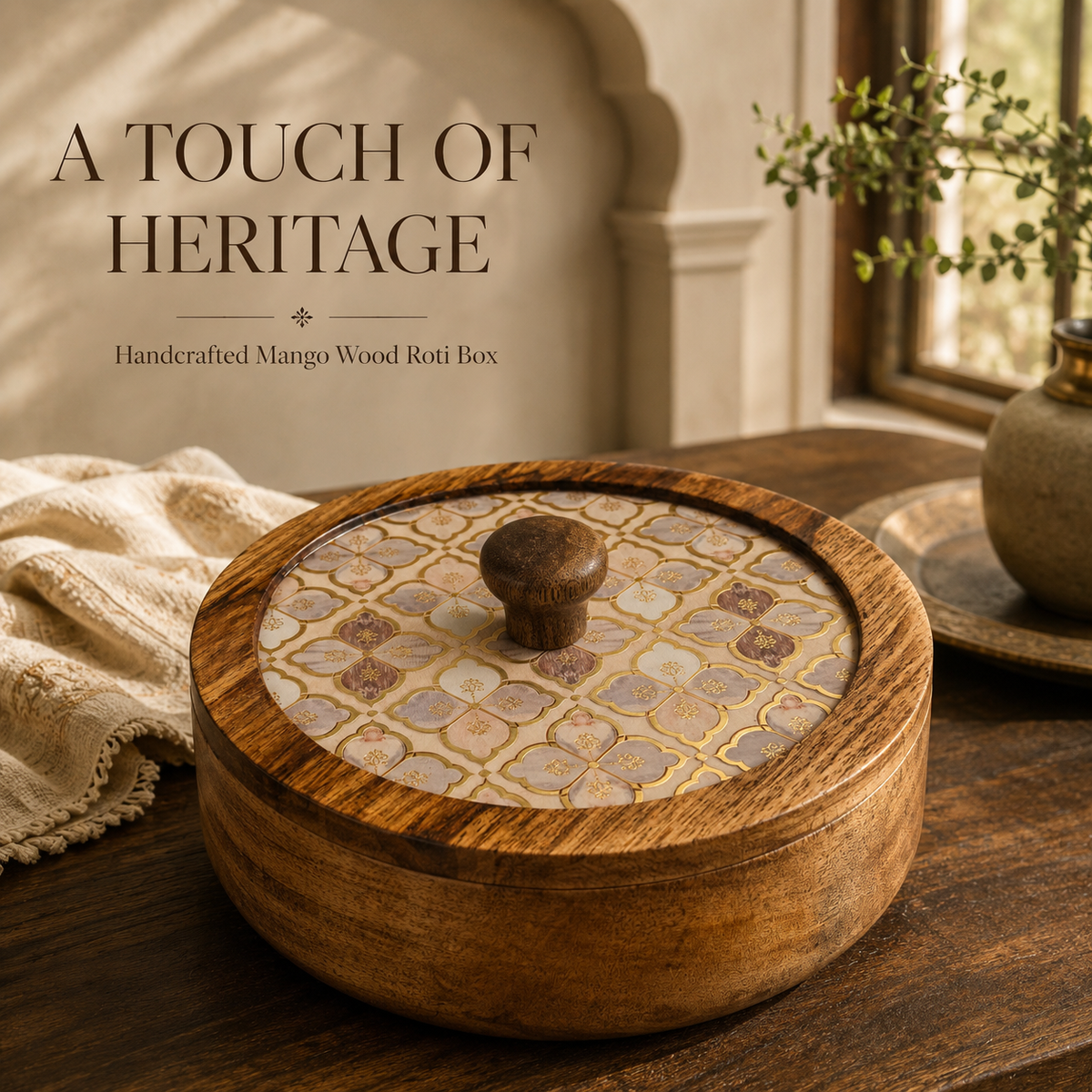 Mango Wood Roti Box with Floral Printed Lid