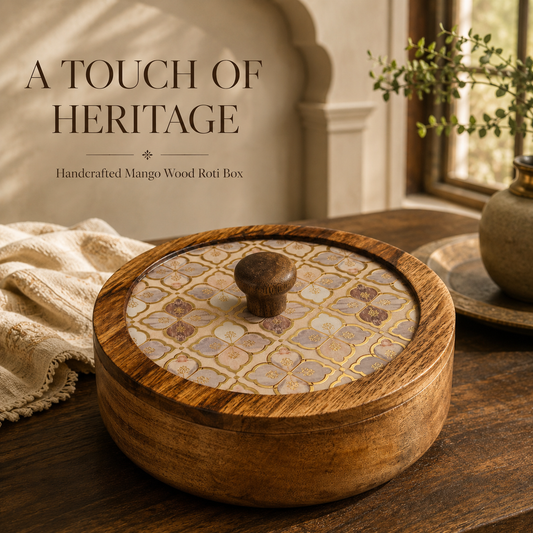 Mango Wood Roti Box with Floral Printed Lid