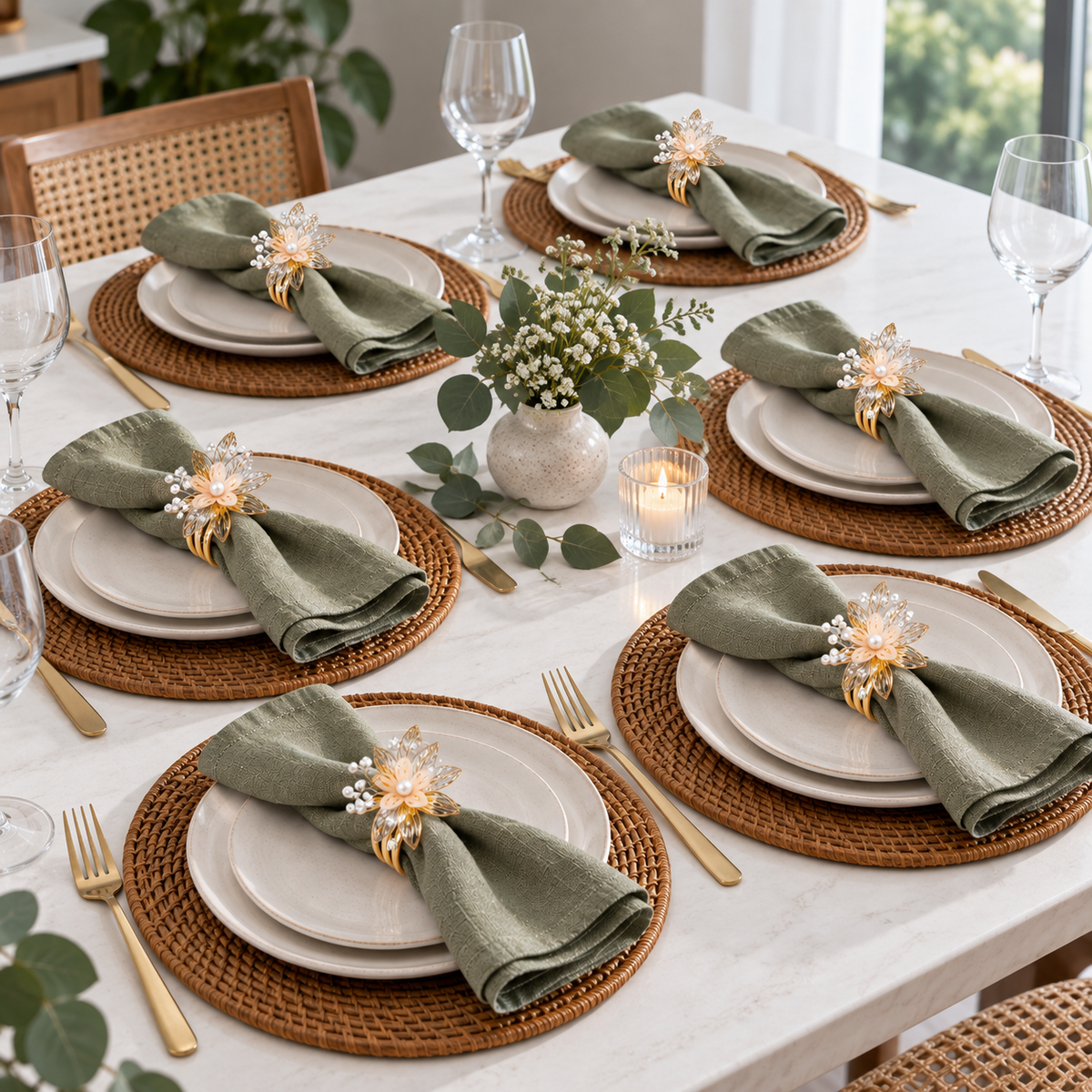 Sajja Kreation Blush Bloom Floral Napkin Rings with Beaded & Gold-Tone Detailing – Set of 6