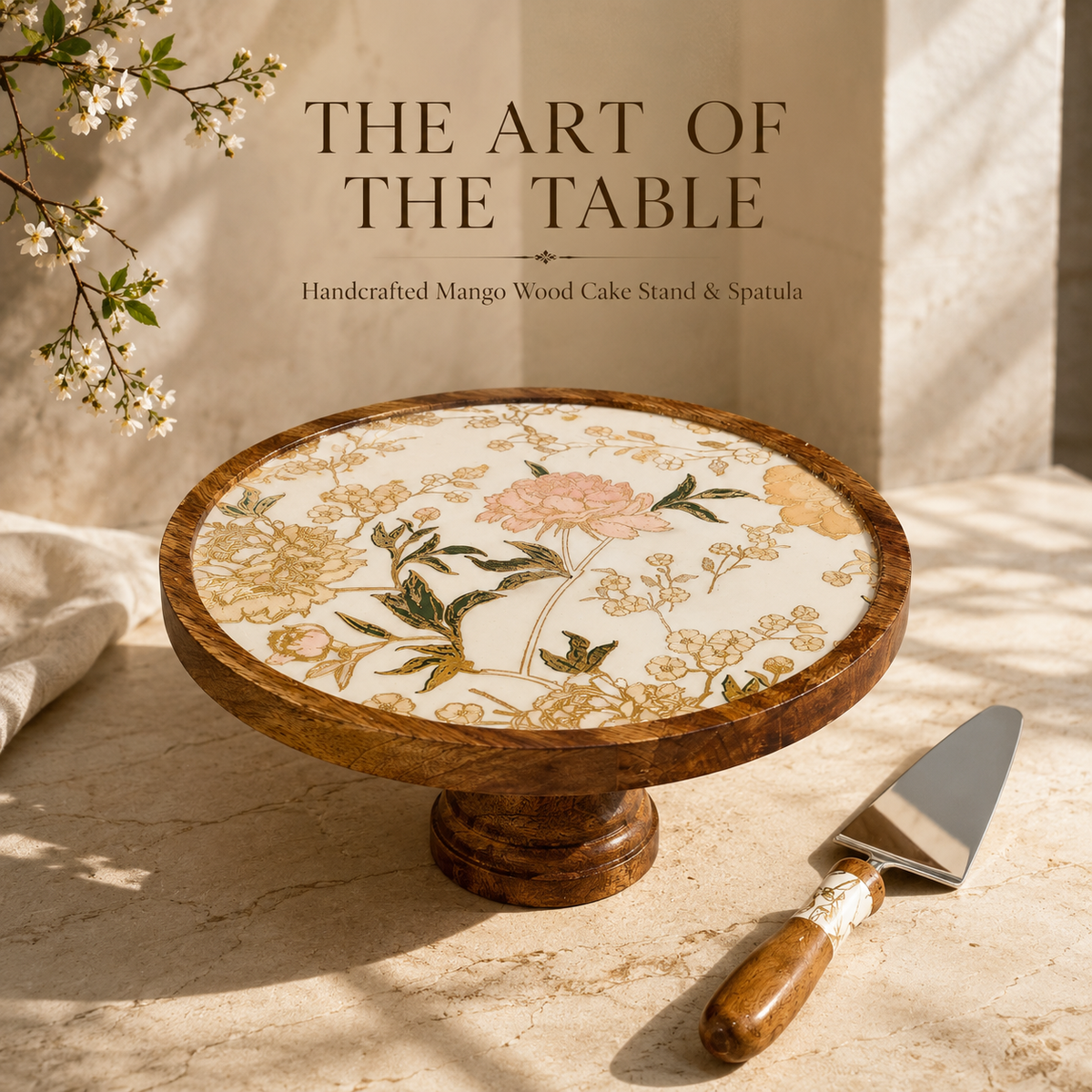 Mango Wood Cake Stand with Cake Spatula