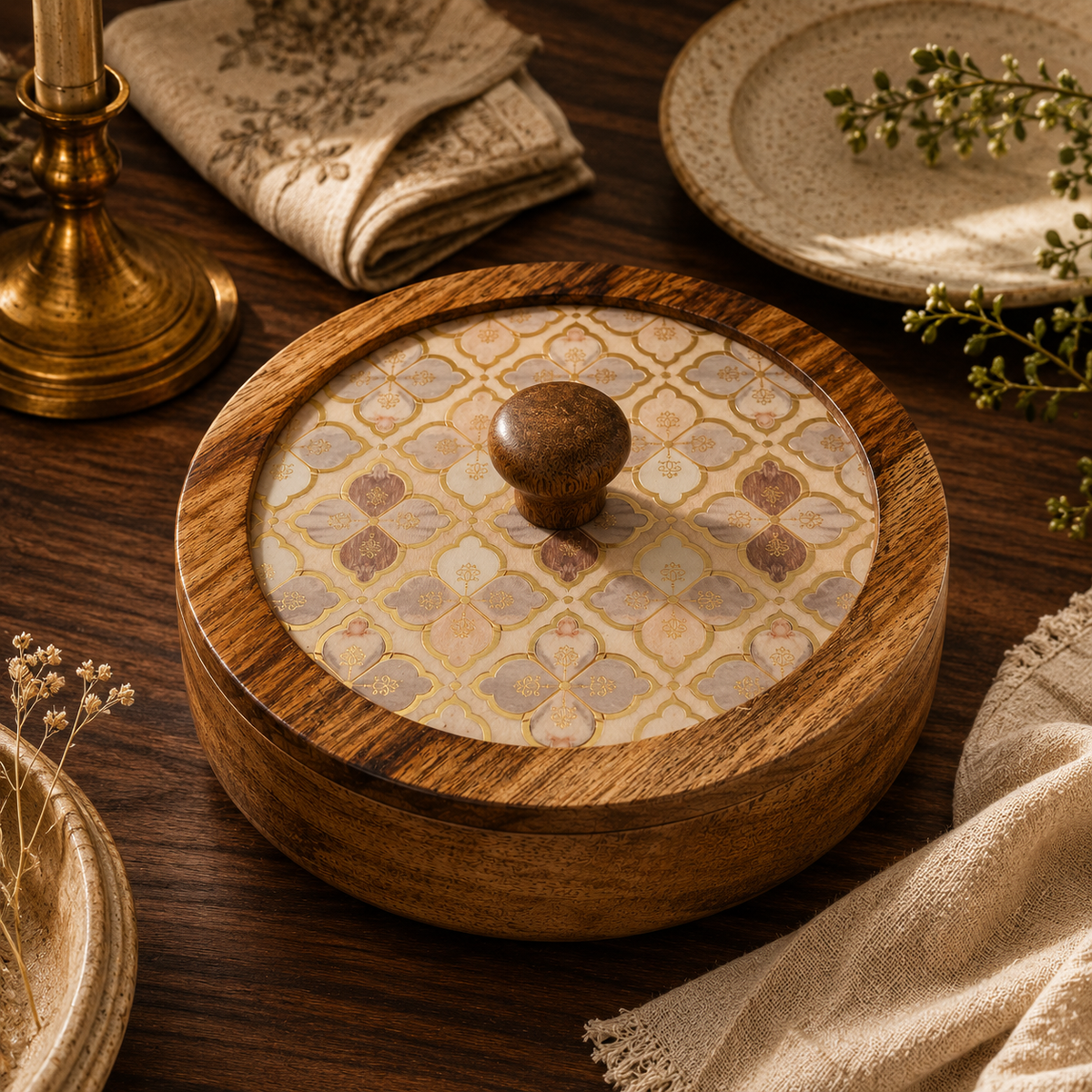 Mango Wood Roti Box with Floral Printed Lid