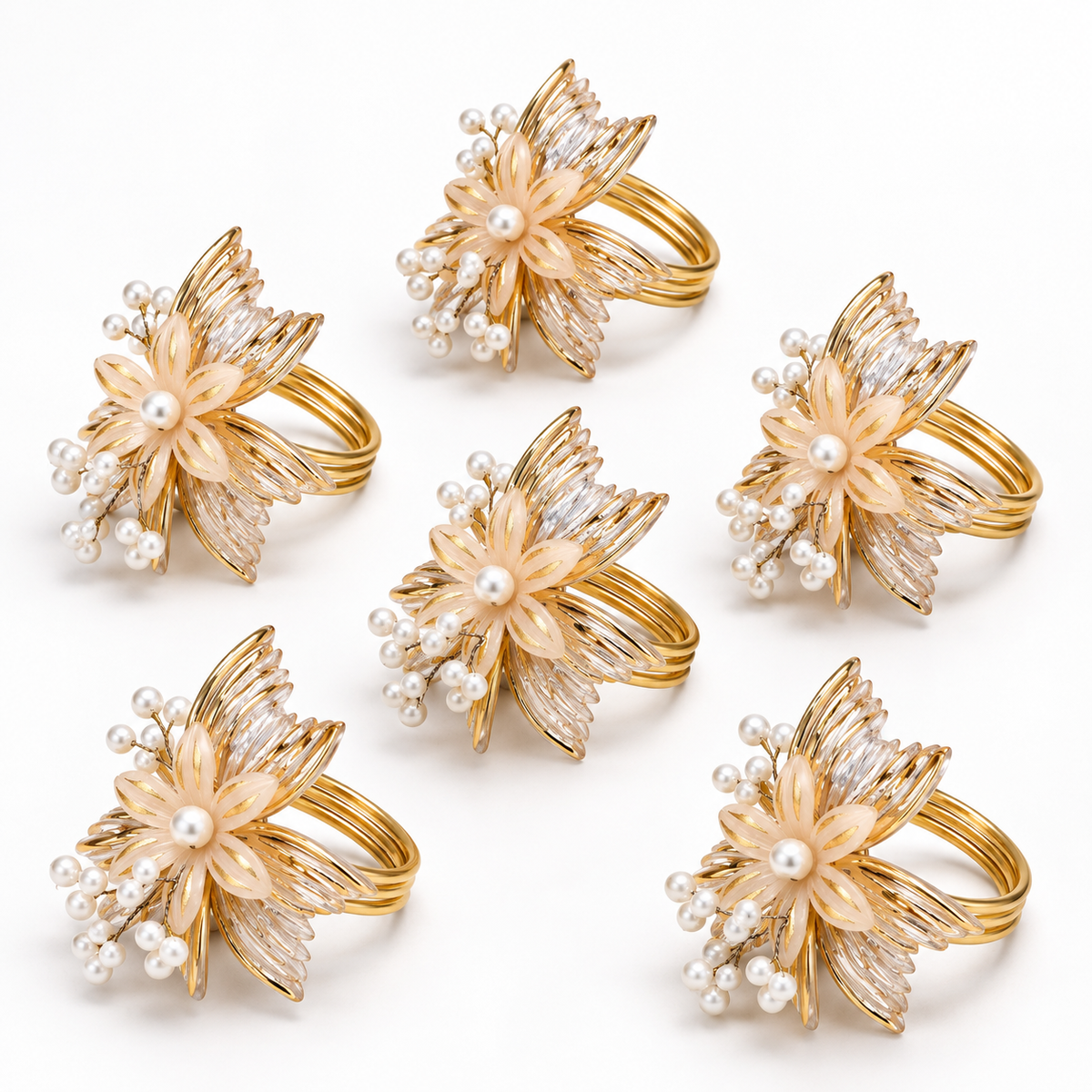 Sajja Kreation Blush Bloom Floral Napkin Rings with Beaded & Gold-Tone Detailing – Set of 6