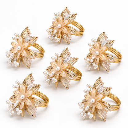 Sajja Kreation Blush Bloom Floral Napkin Rings with Beaded & Gold-Tone Detailing – Set of 6