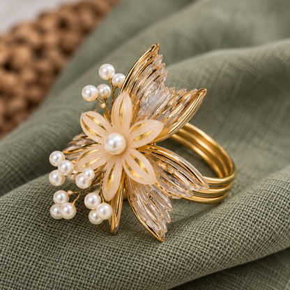 Sajja Kreation Blush Bloom Floral Napkin Rings with Beaded & Gold-Tone Detailing – Set of 6