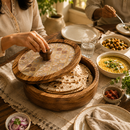 Mango Wood Roti Box with Floral Printed Lid