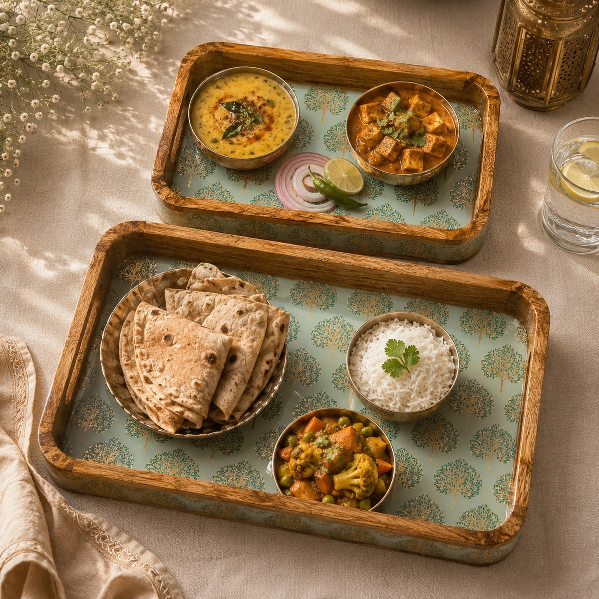 Luxury Mango Wood Serving Tray with Elegant Floral Design