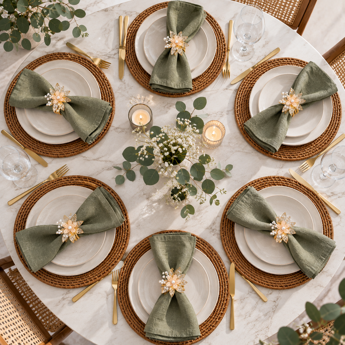 Sajja Kreation Blush Bloom Floral Napkin Rings with Beaded & Gold-Tone Detailing – Set of 6