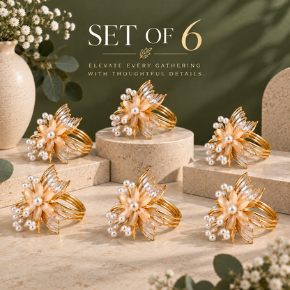 Sajja Kreation Blush Bloom Floral Napkin Rings with Beaded & Gold-Tone Detailing – Set of 6