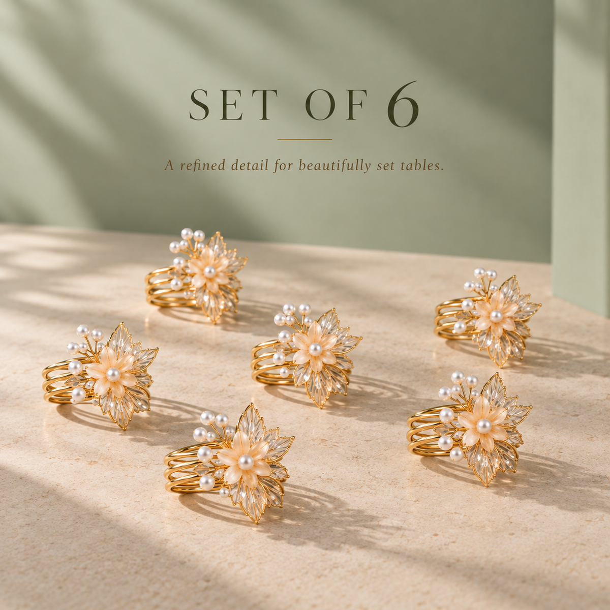 Sajja Kreation Blush Bloom Floral Napkin Rings with Beaded & Gold-Tone Detailing – Set of 6
