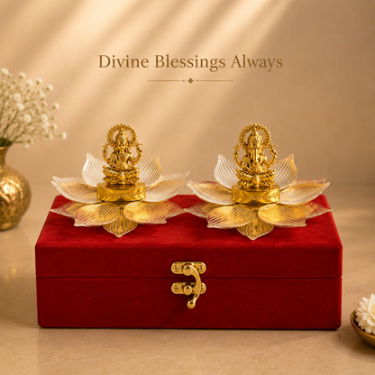 Lakshmi & Ganesha German Silver Lotus Decorative Gift Set with Velvet Box