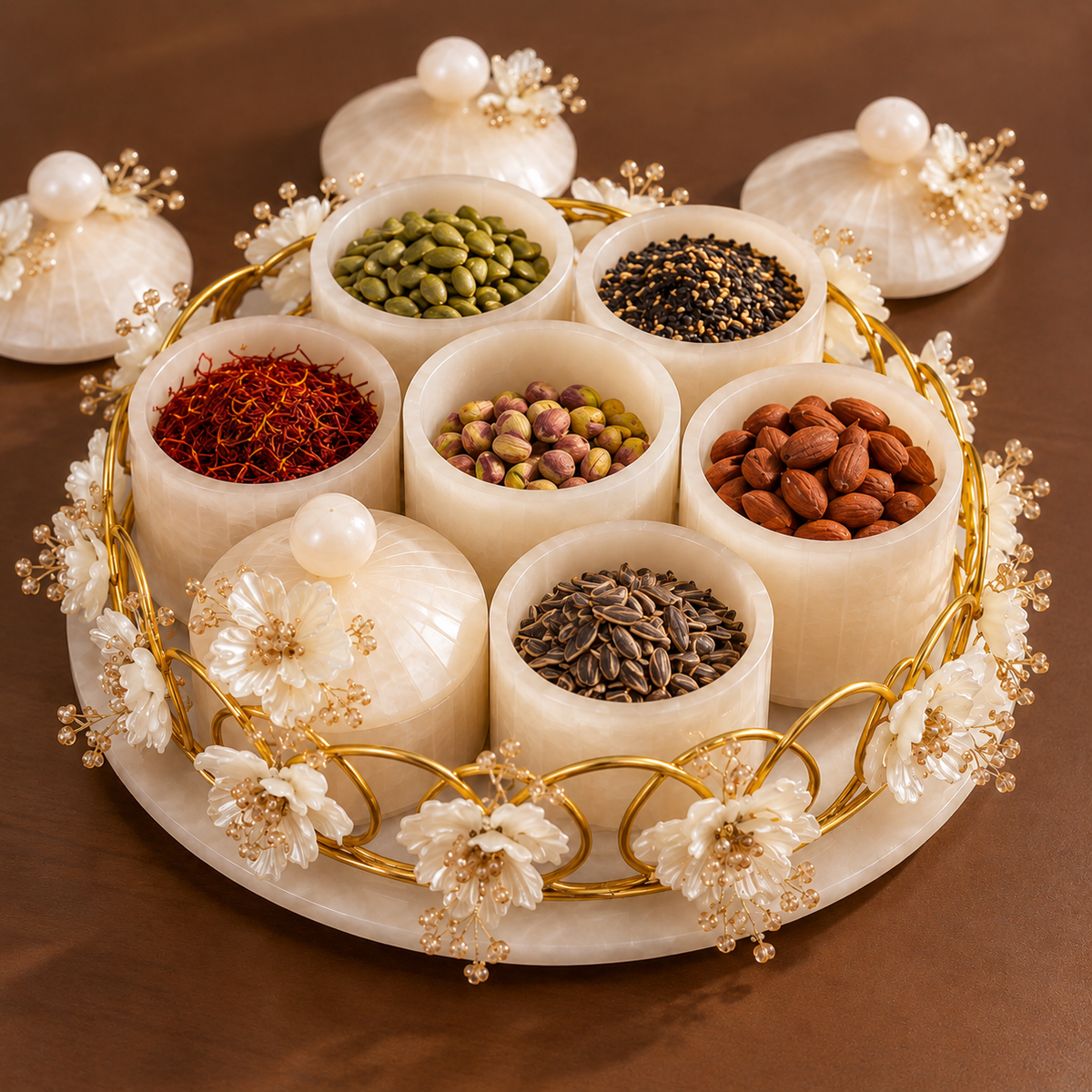 Resin Revolving 6 Jar Platter with Airtight Jars & Handcrafted Decoration | 360° Rotating Multipurpose Organizer