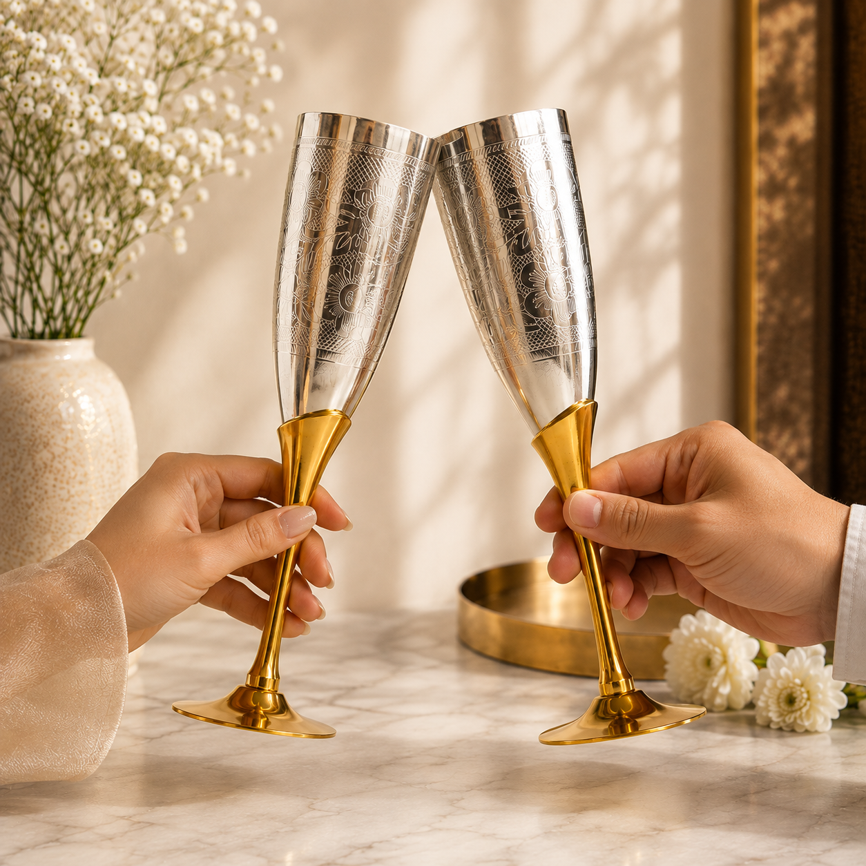 SAJJA KREATION German Silver Champagne Glass Set of 2 | Floral Engraved Silver Finish with Golden Stem | Premium Decorative Stemware for Home, Gifting & Celebrations