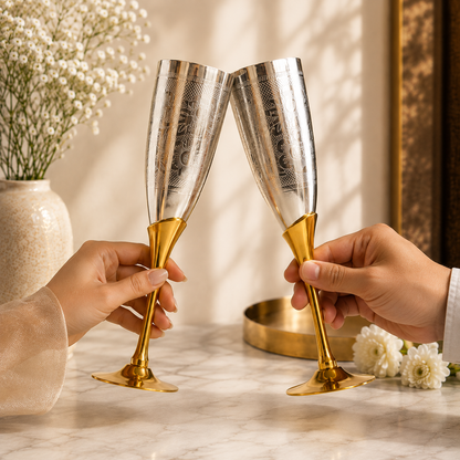 SAJJA KREATION German Silver Champagne Glass Set of 2 | Floral Engraved Silver Finish with Golden Stem | Premium Decorative Stemware for Home, Gifting & Celebrations
