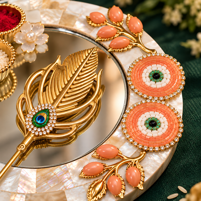 Sajja Kreation Decorative Tilak Platter with Mirror, Peacock Applicator & Kumkum Bowls