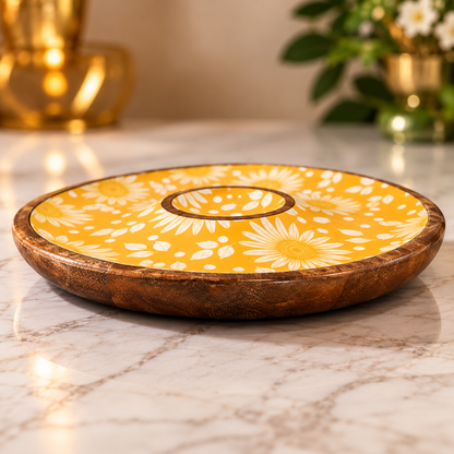Handcrafted Mango Wood Centre Dip Serving Platter with Floral Print.