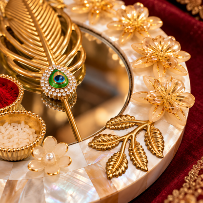 Sajja Kreation Decorative Tilak Platter with Mirror, Peacock Applicator & Kumkum Bowls