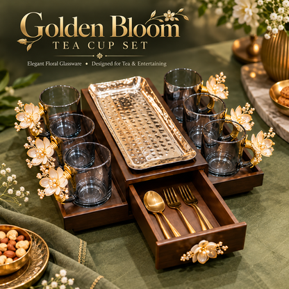 Golden Bloom Tea Cup Set – 6 Glass Cups with Wooden Serving Tray & Drawer
