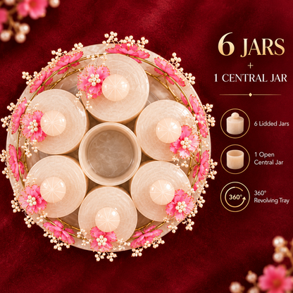 Resin Revolving 6 Jar Platter with Airtight Jars & Handcrafted Decoration | 360° Rotating Multipurpose Organizer