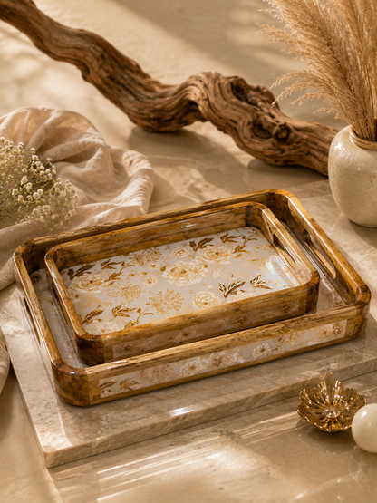 Luxury Mango Wood Serving Tray with Elegant Floral Design