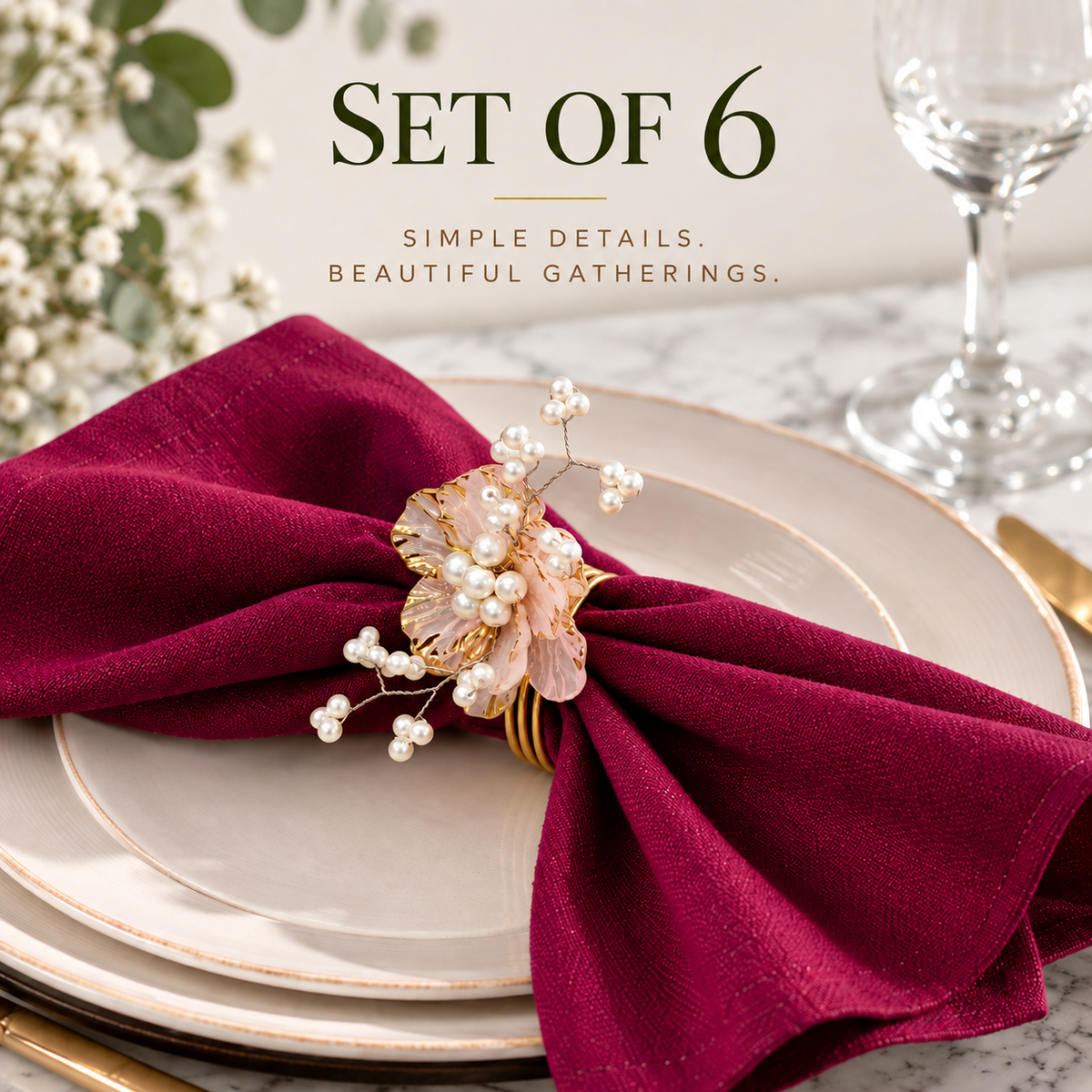 Sajja Kreation Blush Bloom Floral Napkin Rings with Beaded & Gold-Tone Detailing – Set of 6