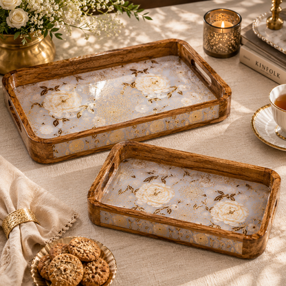 Luxury Mango Wood Serving Tray with Elegant Floral Design