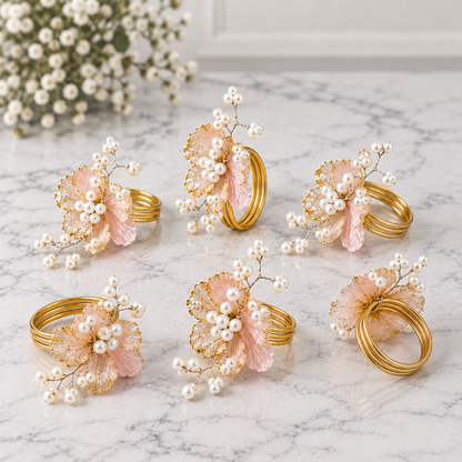 Sajja Kreation Blush Bloom Floral Napkin Rings with Beaded & Gold-Tone Detailing – Set of 6