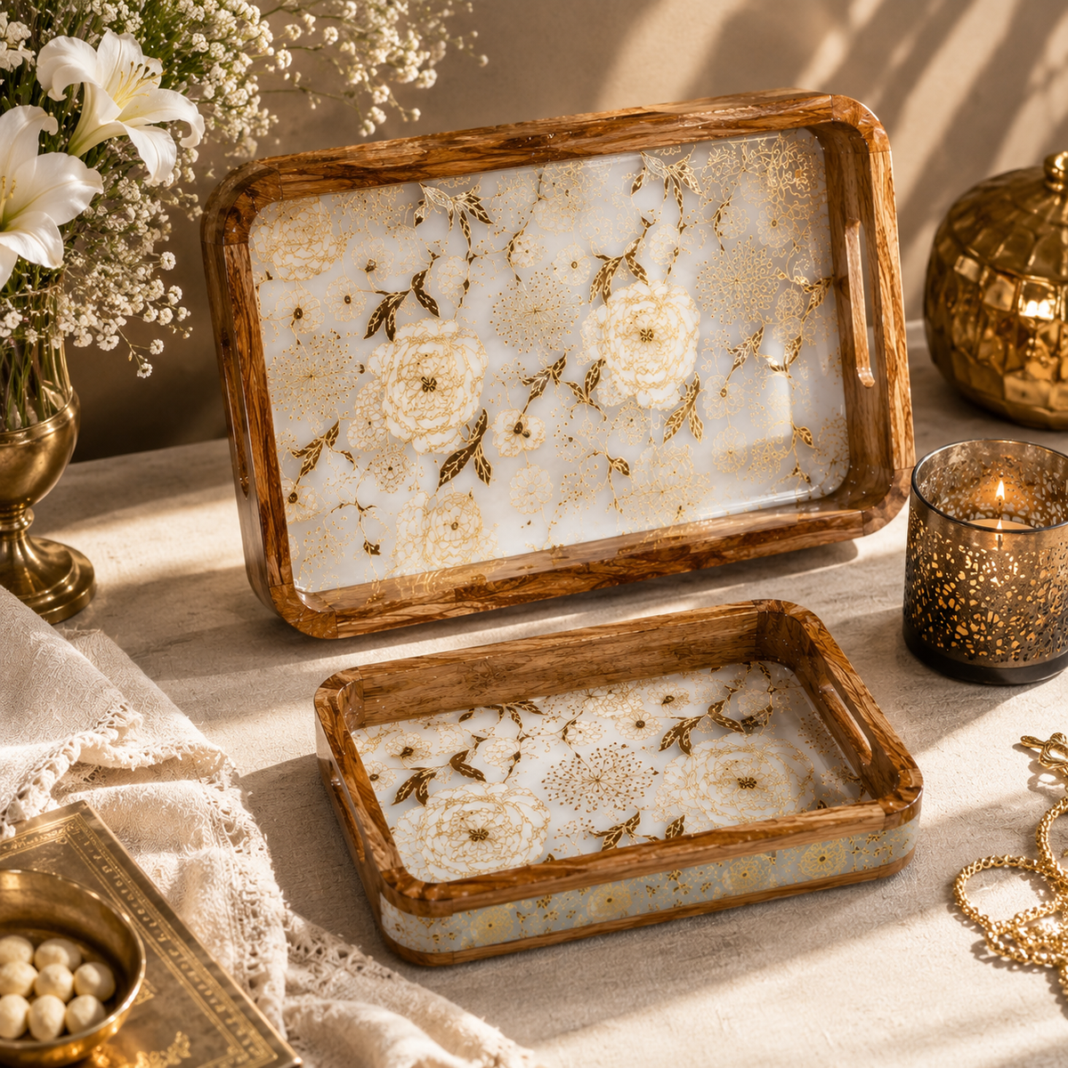 Luxury Mango Wood Serving Tray with Elegant Floral Design