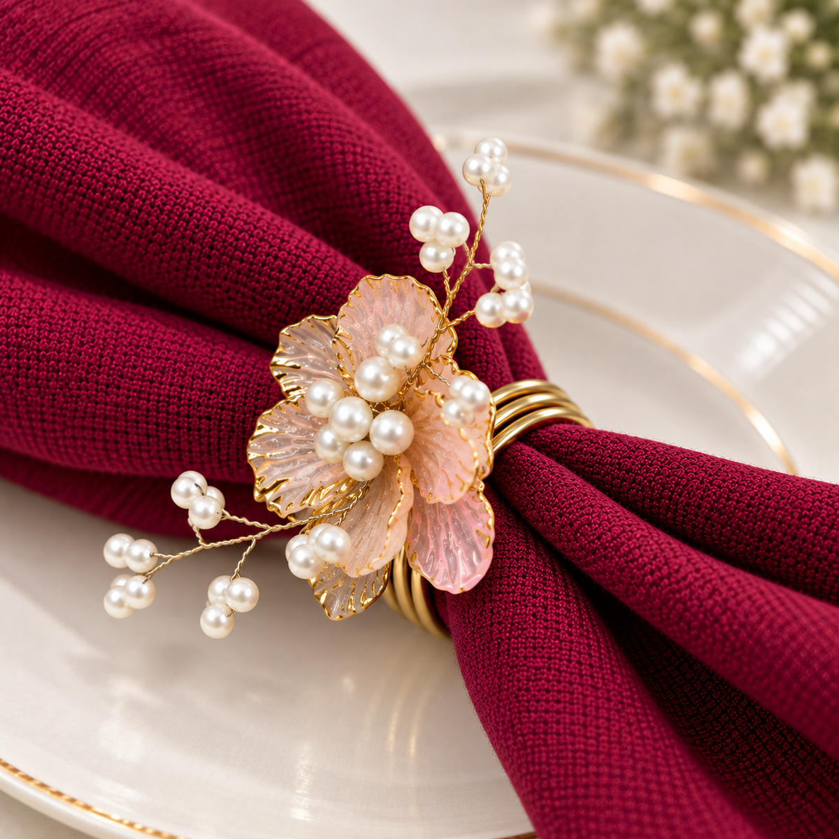 Sajja Kreation Blush Bloom Floral Napkin Rings with Beaded & Gold-Tone Detailing – Set of 6