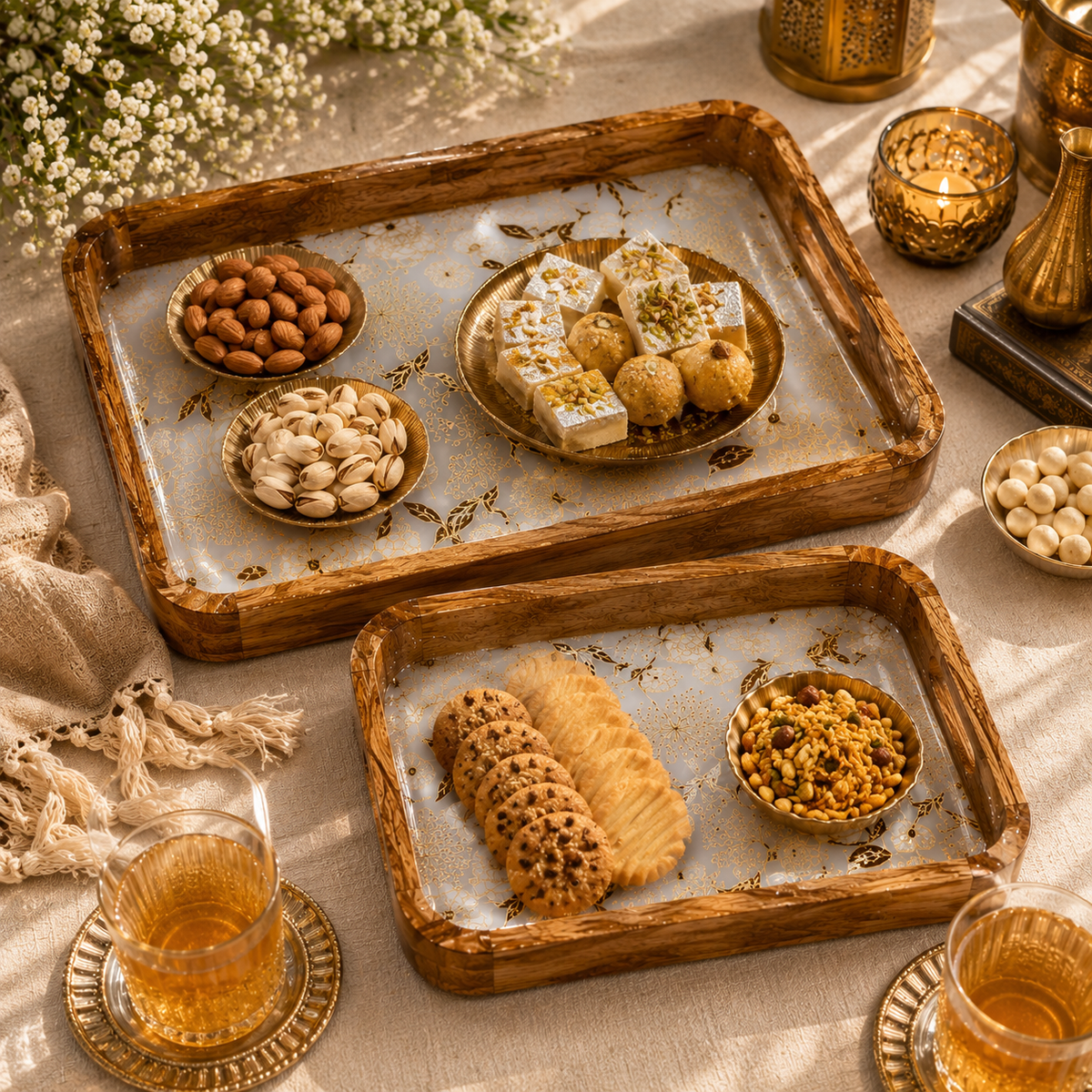 Luxury Mango Wood Serving Tray with Elegant Floral Design