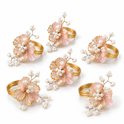 Sajja Kreation Blush Bloom Floral Napkin Rings with Beaded & Gold-Tone Detailing – Set of 6