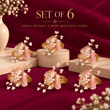 Sajja Kreation Blush Bloom Floral Napkin Rings with Beaded & Gold-Tone Detailing – Set of 6