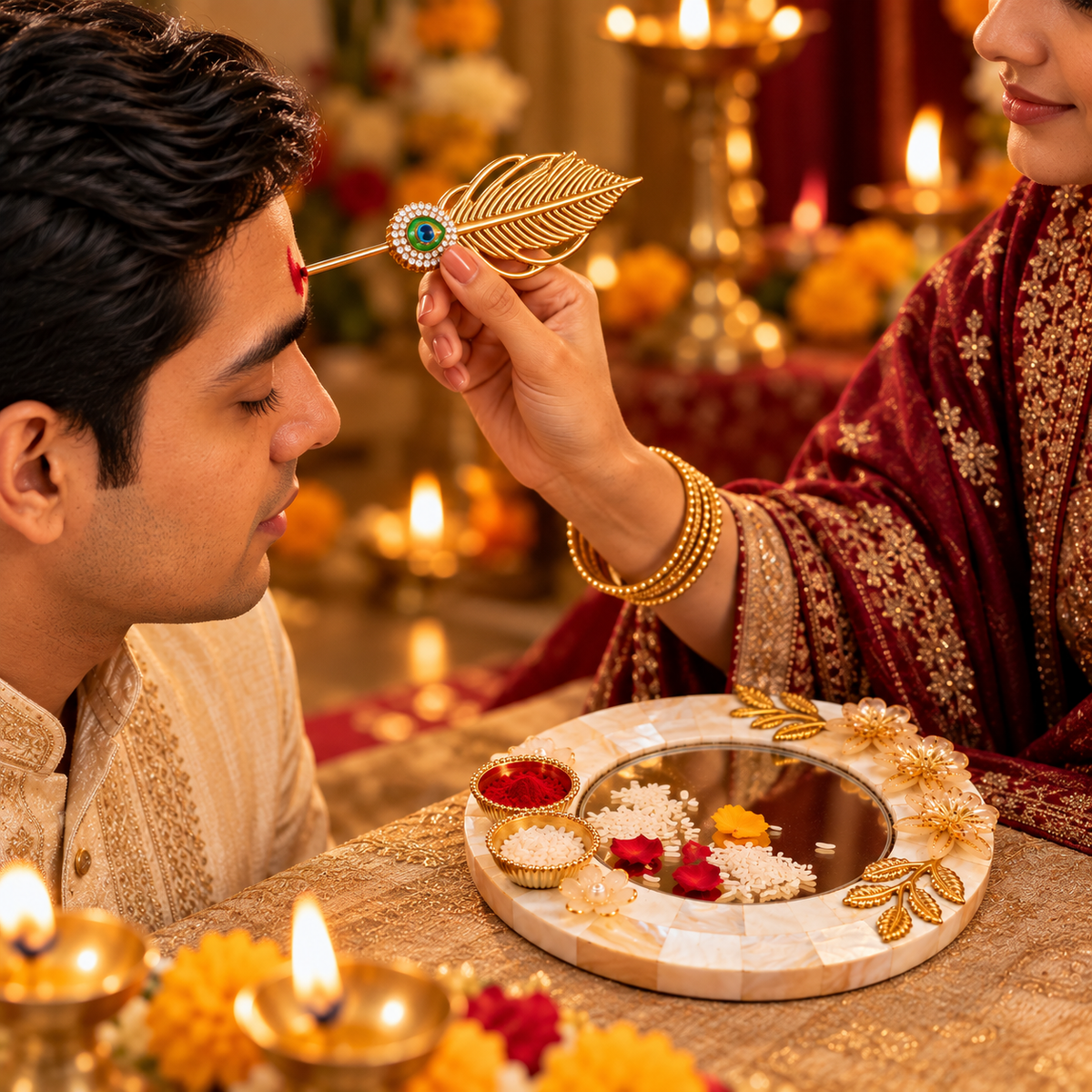 Sajja Kreation Decorative Tilak Platter with Mirror, Peacock Applicator & Kumkum Bowls