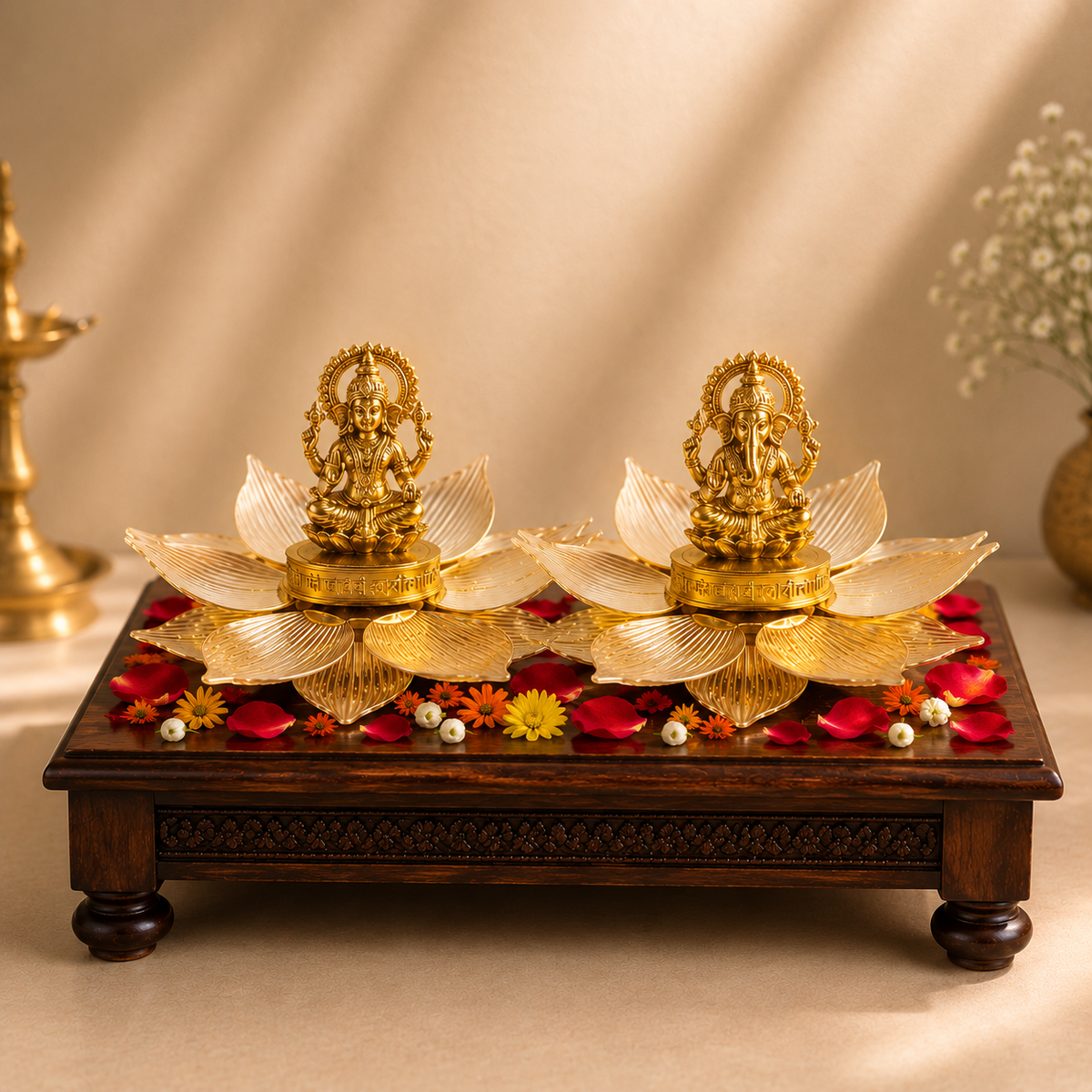 Lakshmi & Ganesha German Silver Lotus Decorative Gift Set with Velvet Box