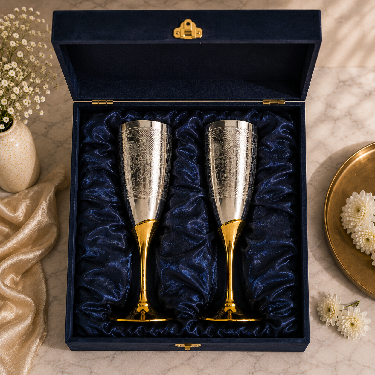 SAJJA KREATION German Silver Champagne Glass Set of 2 | Floral Engraved Silver Finish with Golden Stem | Premium Decorative Stemware for Home, Gifting & Celebrations