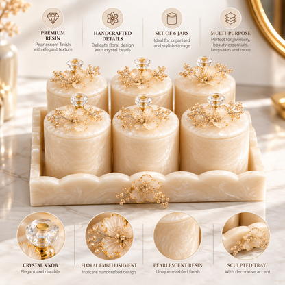 Resin Multipurpose Organizer Set of 6 Jars with Decorative Tray | Dry Fruit Storage & Home Organizer