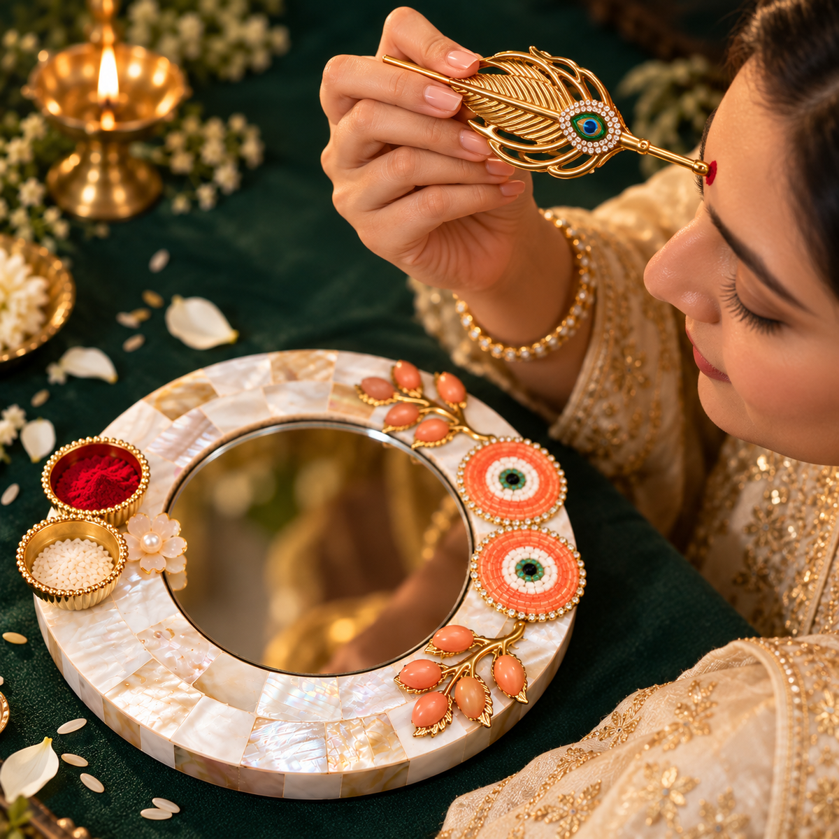 Sajja Kreation Decorative Tilak Platter with Mirror, Peacock Applicator & Kumkum Bowls