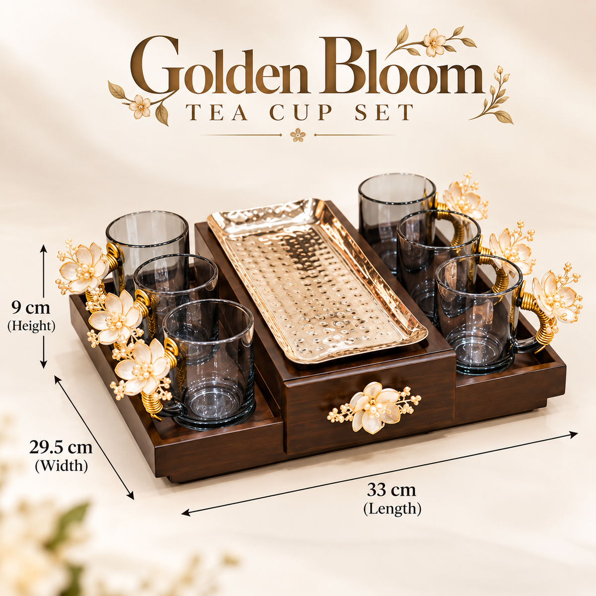 Golden Bloom Tea Cup Set – 6 Glass Cups with Wooden Serving Tray & Drawer