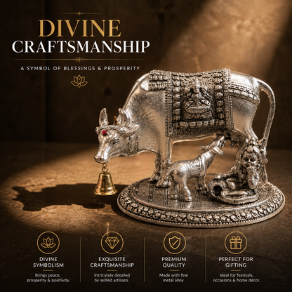 German Silver Kamdhenu Cow Idol with Nandi & Krishna Design