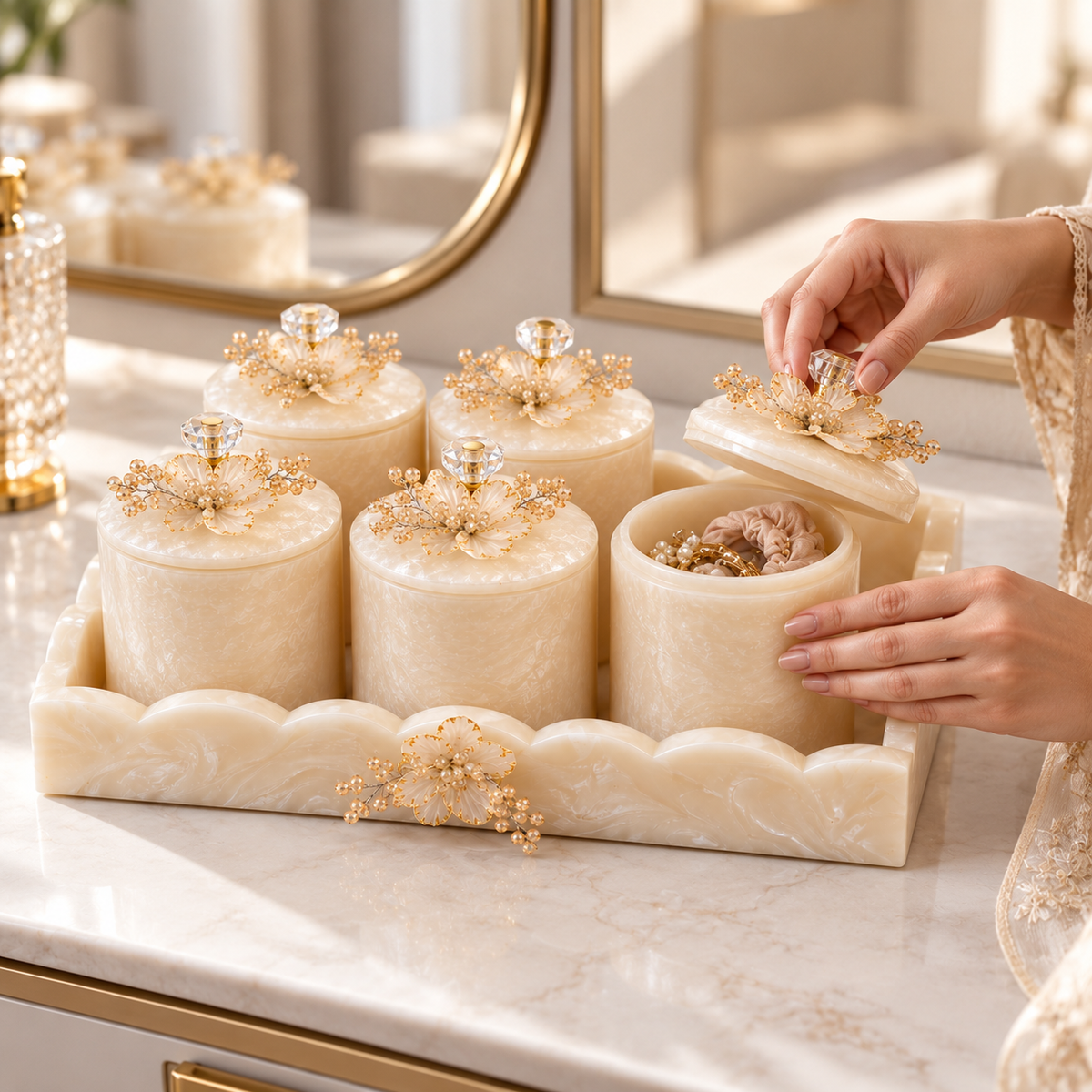 Resin Multipurpose Organizer Set of 6 Jars with Decorative Tray | Dry Fruit Storage & Home Organizer