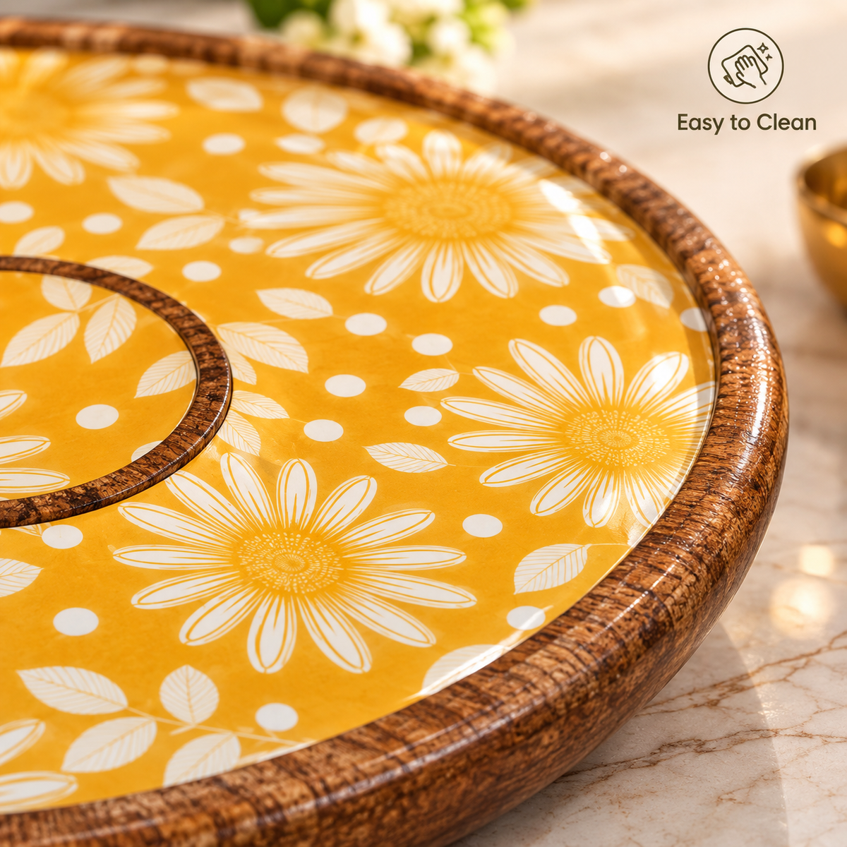 Handcrafted Mango Wood Centre Dip Serving Platter with Floral Print.
