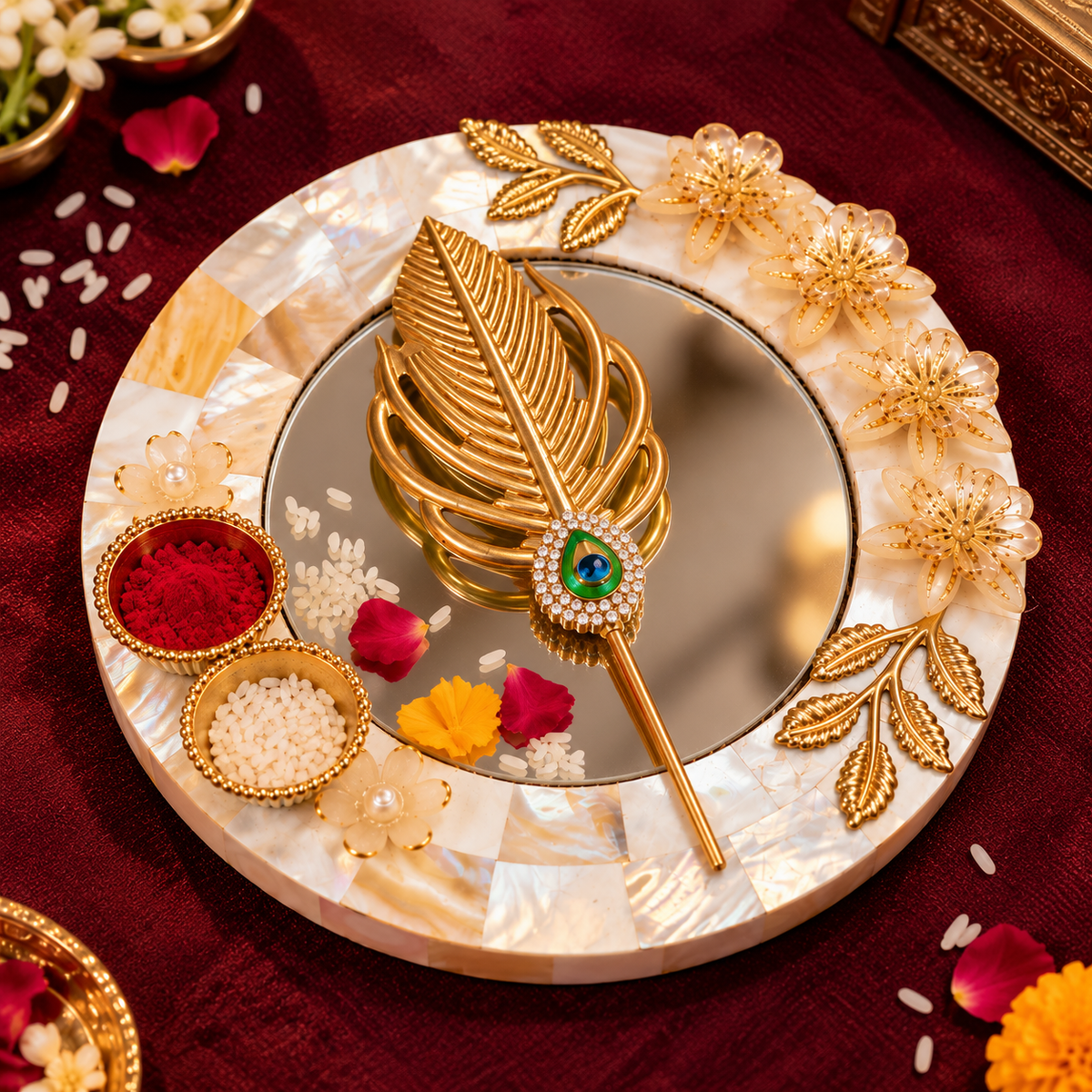 Sajja Kreation Decorative Tilak Platter with Mirror, Peacock Applicator & Kumkum Bowls