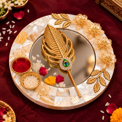 Sajja Kreation Decorative Tilak Platter with Mirror, Peacock Applicator & Kumkum Bowls