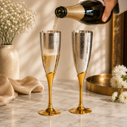 SAJJA KREATION German Silver Champagne Glass Set of 2 | Floral Engraved Silver Finish with Golden Stem | Premium Decorative Stemware for Home, Gifting & Celebrations